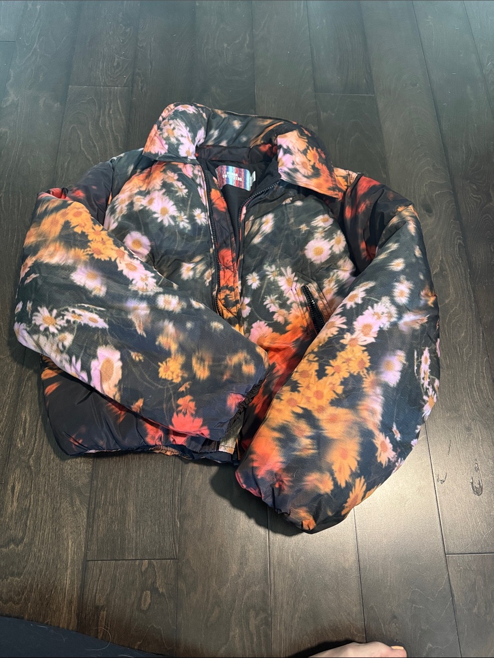 Urban Outfitters Black Floral Puffer Jacket with Orange and Pink Accents